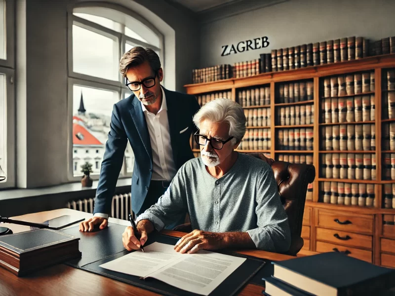 DALL·E 2024 07 15 15.05.03 An Older Man In His 60s, With Gray Hair And Glasses, Is Sitting At A Desk In A Lawyer’s Office In Zagreb. The Office Has A Professional Yet Warm Atmos