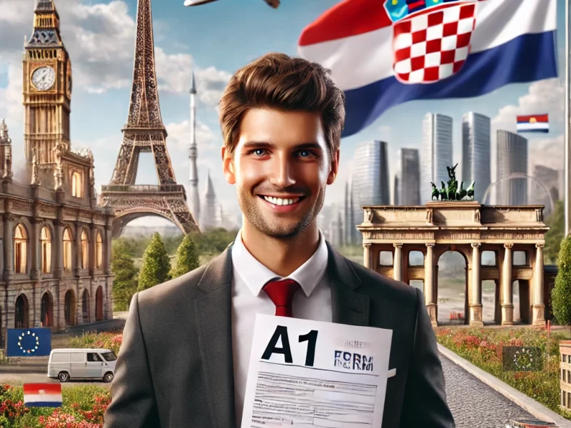 DALL·E 2024 07 16 12.51.11 A Photorealistic Image Of A Croatian Employee, Dressed In Business Attire, Holding An A1 Form, Standing In Front Of A Sign That Says ‘EU’ With Various