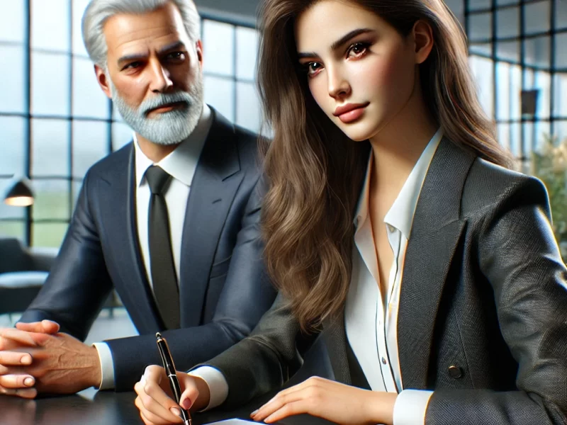 DALL·E 2024 07 17 12.21.14 A Photorealistic Scene Of A Young Woman, The CEO Of A Start Up, Signing An NDA With An Older Man Who Is A Financier. The Young Woman Has A Professiona