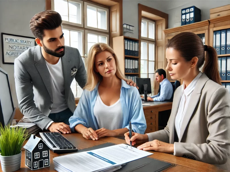 DALL·E 2024 07 23 12.45.18 A Scene At A Public Notary Office In Zagreb Where A 35 Year Old Husband And Wife Are Signing A Real Estate Purchase Agreement For Their New Flat. The