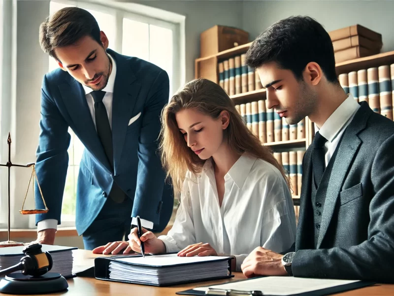 DALL·E 2024 07 24 12.11.14 A Public Servant Checking Documents With A Lawyer And A Union Representative. The Public Servant Is Sitting At A Desk, With A Stack Of Documents In Fr