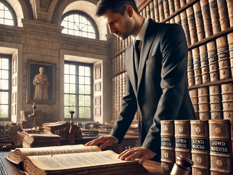 DALL·E 2024 07 25 14.46.46 A Photorealistic Image Of A Lawyer In Dalmatia At A Courthouse, Examining Entries In Old Land Registers. The Scene Is Set In A Historic Courtroom With