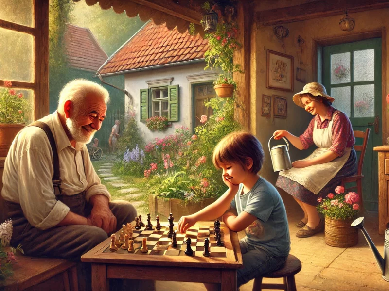 DALL·E 2024 11 05 14.52.00 A Cozy Scene At A Grandparents’ House In Zagreb. In The Living Room, An Elderly Grandfather Is Playing Chess With His Young Grandson At A Small Table