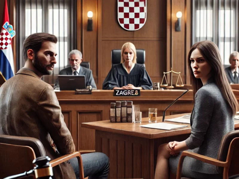 DALL·E 2024 11 08 12.33.50 A Photorealistic Image Of A Divorce Hearing In A Court In Zagreb, Featuring A Husband And Wife Sitting On Opposite Sides Of The Courtroom. The Husband